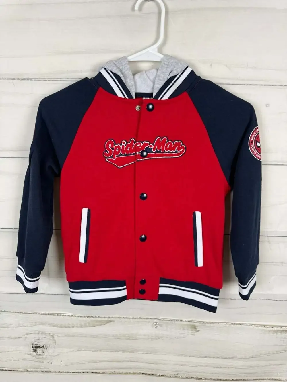 Marvel Spider-Man Boys' Snap Button Varsity Hooded Jacket Size 6